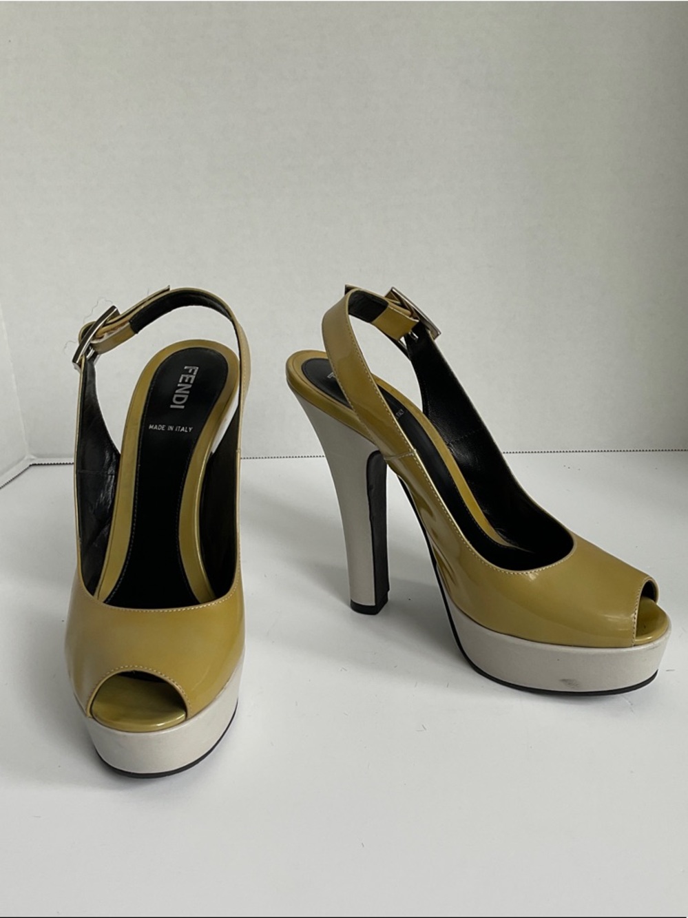 Fendi Olive Peep-Toe Platform Slingback Heels with Cream Platform